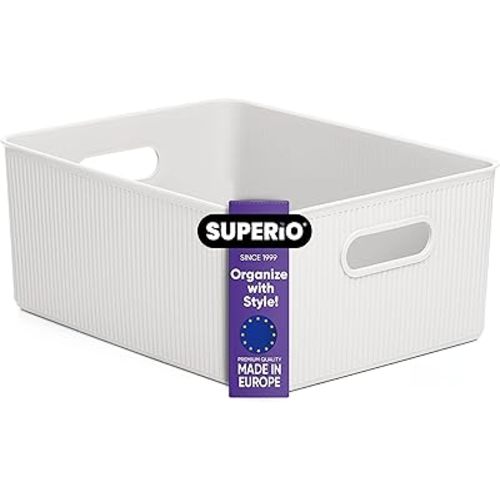 Superio Ribbed Collection - Decorative Plastic Open Home Storage Bins Organizer Baskets, Large White (1 Pack) Container Boxes for Organizing Closet Shelves Drawer Shelf 15 Liter/16 Quart