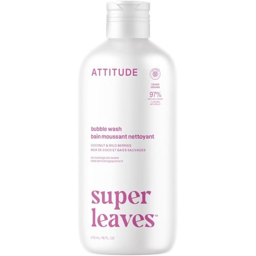 ATTITUDE Bubble Bath & Body Wash, EWG Verified, Vegan & Plant-Based, Dermatologist-Tested, Gentle Cleansing Formula, Coconut & Wild Berries Scent, 16 Fl Oz