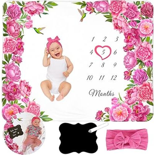 Milestone Blanket for Baby Girl Personalized Board with Frame and Headband, Floral Baby Milestone Blanket Girl, Monthly Baby Milestone, Baby Girl Month Blanket, 50x40
