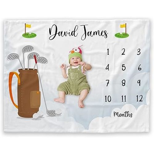 Personalized Baby Boy Monthly Blanket Golf Newborn Monthly Blanket 12 Month Blanket Calendar Blanket with Months Gift from Golf Mom Dad Golf Sports Nursery Decor Fathers