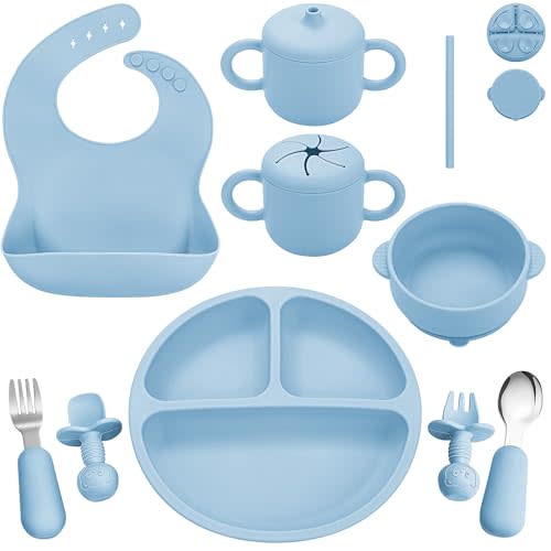 Bufims Silicone Baby Feeding Set, Baby Led Weaning Supplies, Eating Essentials Utensils with Suction Plate and Bowl, Pocket Bib, Sippy Cup with Lid, Forks Spoons Snack Container, for 6+ Months, Blue