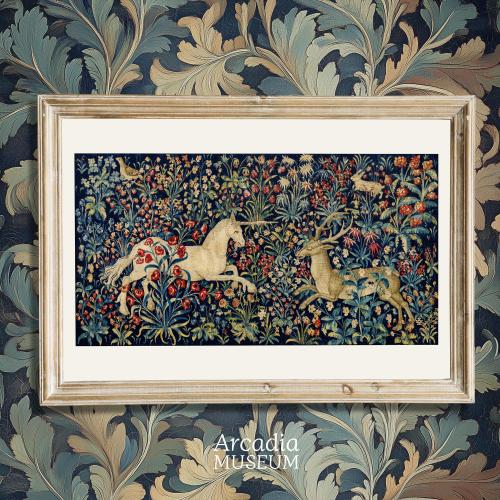 Unicorn Tapestry Print, Medieval Embroidery Poster, Unicorn And Stag In A Field Of Flowers, Middle Ages Wall Art