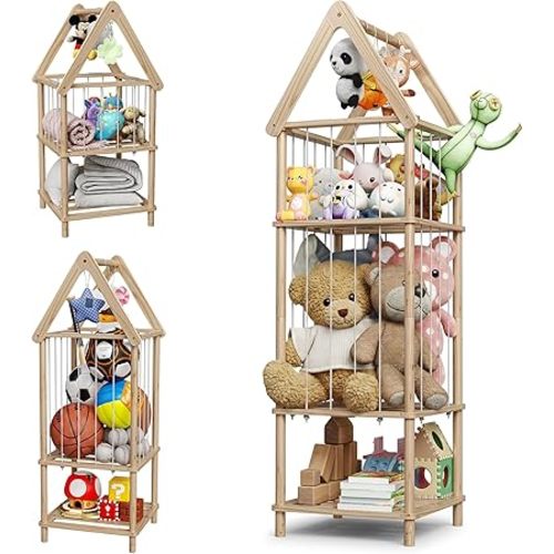 Kid Stuffed Animal Storage Corner, 3 Heights Adjustable (36", 45.5", 55.5") Wooden Zoo Stuffed Animal Organizer with Bottom Shelf, Durable Elastic Plushies Storage Cord - Teddy Bear Holder