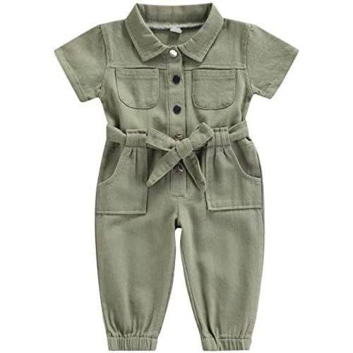 Mubineo Toddler Baby Girl Summer Fall Basic Plain Short Sleeve Cotton Linen Drawstring Romper Jumpsuit