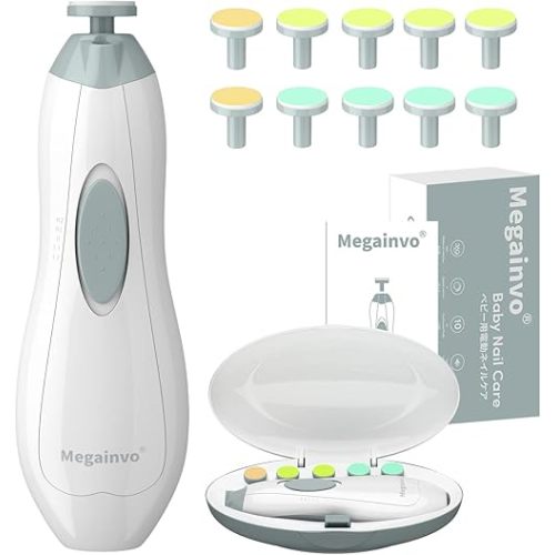 Baby Nail Trimmer Electric Baby Nail File with LED Light 10 Grinding Heads Baby Nail Clippers Safe Quiet Nail Care Kit for Newborn Toddler Kids Toes Fingernails Battery Operated (Not Included) - Grey