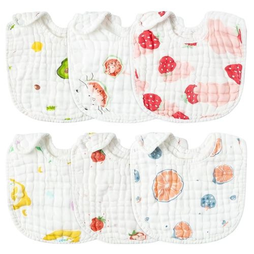 Zainpe 6Pcs Snap Muslin Cotton Baby Bibs Strawberry Lemon Avocado Pattern Infants Feeding Bib Adjustable Machine Washable Unisex Burp Cloths with 6 Absorbent & Soft Layers for Drooling and Teething - Pink & Yellow