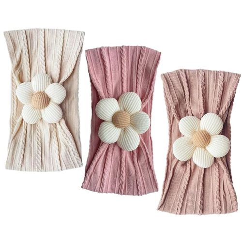 Nirvany 3 Pcs Baby Flower Headband, Nylon Baby Girl Headbands Soft Hairbands Baby Girl Accessories for Newborn Infant Toddler(Beige Pink Khaki) - Style A