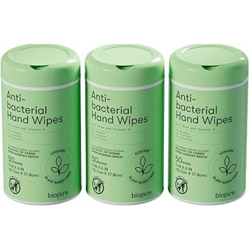 Biopure Antibacterial Hand Wipes Fresh Morning Breeze- Antibacterial Wipes with Aloe and Vitamin E Formula | 5"x7" Wet Wipes Canister | No Parabens, Sulfates or Phthalates, Kills 99% of Germs, 150 ct