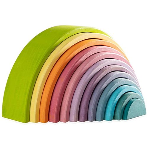 Wooden Rainbow Stacking Toy, 12 Piece Multicolor Wooden Arch Stacker, Extra Large Pastel Bow Shaped Stacking Toy, Nesting Puzzle Building Blocks Educational Toys for Kids Toddlers