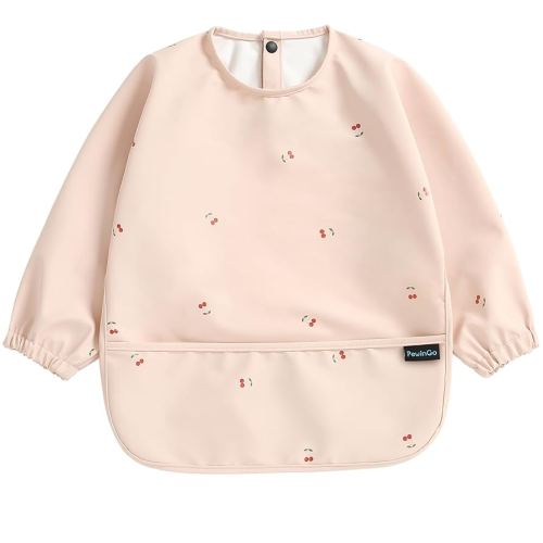 Baby Bibs with Long Sleeve Bib & BLW, Coverall Bibs for Baby Feeding, PU Soft and Skin-Friendly Material, Machine Washable, Waterproof and Easy to Clean, Baby Infant Toddlers (Pink)