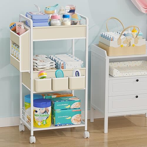 Diaper Caddy Organizer - 3-Tier Rolling Diaper Cart with Wheels & Dividers, Large Mobile Metal Utility Cart, Bedside Cart for Baby Essentials, Nursery, Bedroom