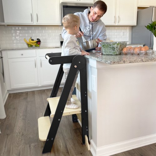 HARPPA Small Wooden Folding Safety Step Stool for Kids Aged 1-6, Adjustable Height Toddler Kitchen Tower, Black