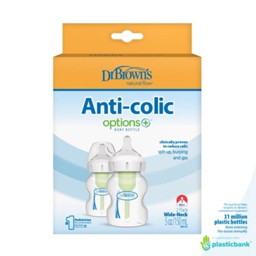 Dr. Brown's 5oz Anti-Colic Wide-Neck Baby Bottle, Level 1 Nipple, 2-Pack, for 0m+ with Natural Flow Options