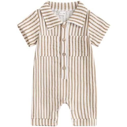 Baby Boy Vertical Striped Romper with Pockets One Piece Lapel Neck Short Sleeve Buttons Jumpsuit Spring Summer