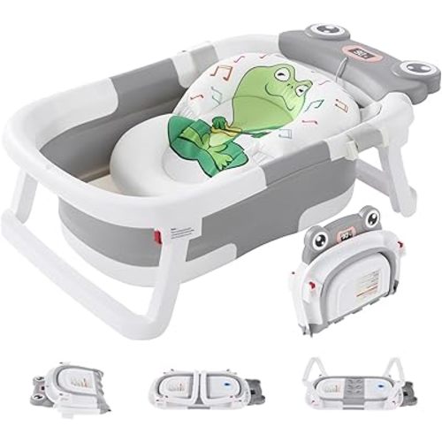 Foldable Baby Bathtub with Cushion & Water Thermometer and Drain Hole, Portable Durable Foldable Baby Bath Tub for Newborn Infants 0-36 Months (Grey)