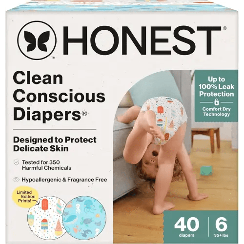 The Honest Company Clean Conscious Diapers for Sensitive Skin | Up to 100% Leakproof | Hypoallergenic, Fragrance Free | Summer '25 Limited Edition Prints | Club Box, Size 6 (35+ lbs), 40 Count