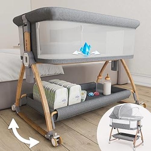 Baby Rocking Bassinet Bedside Sleeper - All Mesh Portable Bedside Crib for Safe Co-Sleeping, Storage Basket and Wheels, Adjustable Height, Includes Travel Bag, Mosquito Net (Wood Grain, Gray)