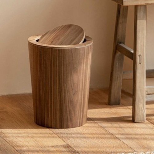 Summercome Round Wood Trash Can with Swing Lid, for Bathroom, Kitchen, Office, Bedroom, Walnut Wood