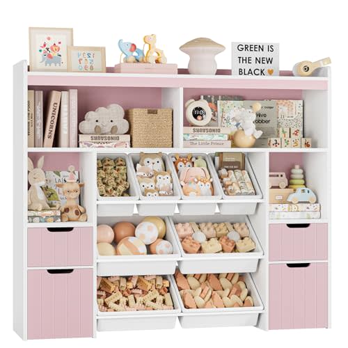 HORSTORS 55" W Toy Storage Organizer with Drawers, Large Kids Toy Storage Box with Removable Bins, Tall Kids Bookshelf and Bookcase for Boys and Girls, Modern Toy Chest for Playroom, Classroom, Pink