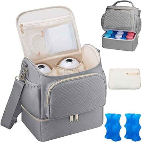 Wearable Breast Pump Bag with Cooler Compartment Compatible with Willow/Elvie/Medela/Momcozy M5/S12 Pro, Breast Milk Cooler Travel Bag with Ice Pack & Mat, Pumping Bag for Work, Grey