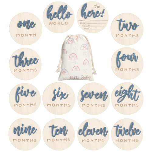3D Baby Milestone Wooden Circles Hello World Newborn Sign 7 Pack Double Sided Monthly Milestone Cards Sign Baby Announcement Sign for Newborn Shower Photo Props (Slate Blue)