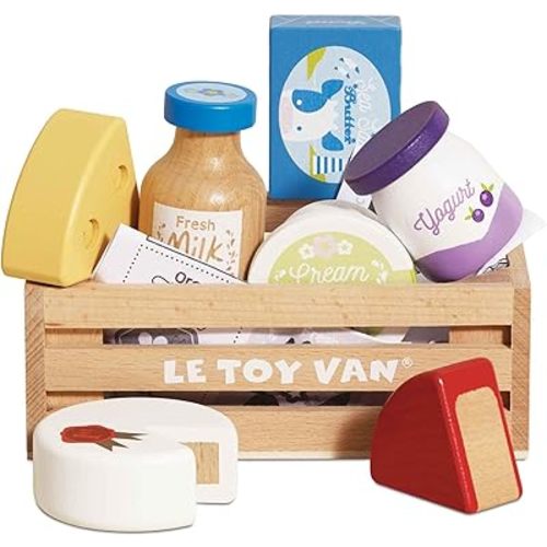 Le Toy Van - Wooden Honeybee Market Cheese & Dairy Crate | Wooden Market Stall Food | Supermarket Pretend Play Shop Food (TV185)