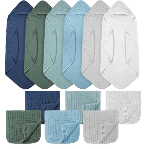12 Pcs Baby Muslin Hooded Bath Towels and Washcloths, 32 x 32 Inch Muslin Cotton Hooded Baby Towels Absorbent Hooded Blankets for Gift Newborn Infant Shower (Green Blue Gray)