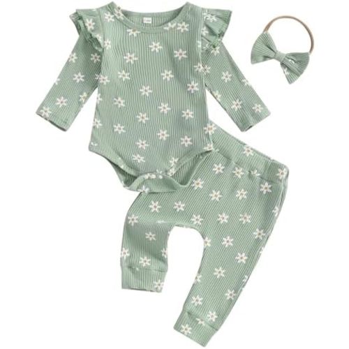 Newborn Baby Girl Outfits Flower Ribbed Ruffle Long Sleeve Romper and Pant set 3pc Infant Girl Fall Winter Clothes