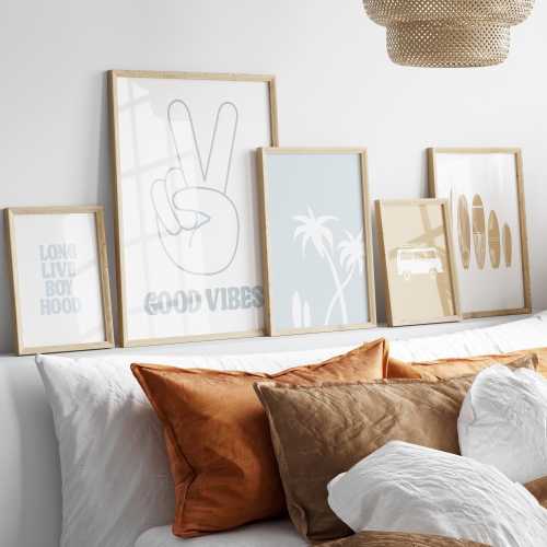 Surf Nursery Décor for Boys Boho Beach Wall Art for Kids Ocean Blue Digital Prints, Palm Tree and Surfing Club 6 Print Gallery Bundle