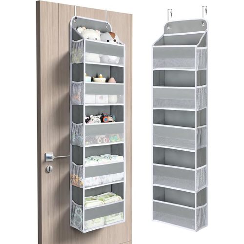 Yecaye 1 Pc Over The Door Organizer with 5 Bins 10 Side Pockets, 44lbs Load Hanging Bathroom Organizer, No Tilt Closet Organizers and Storage for Bedroom, Baby Organizer for Extra Storage, Grey
