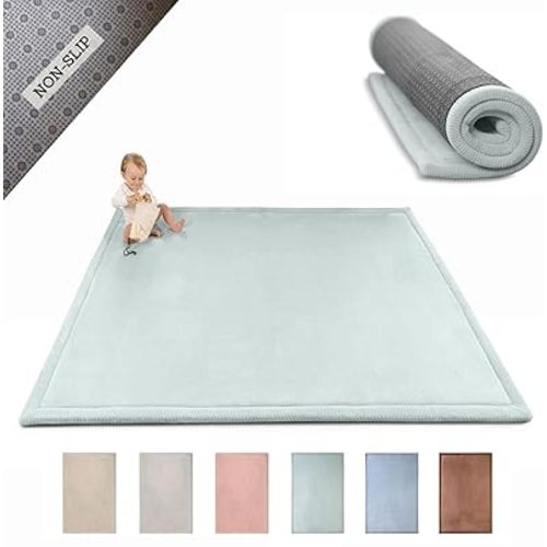 Stylish Coral Velvet Baby Play Mat for Floor 60" x 80" Green – Soft 1" Thick High-Density Memory Foam Nursery Rug,Kids Rug with Non-Slip Backing for Crawling & Playing, Playroom Rug, Kids Carpet