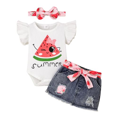 DOMOABEI Baby Girl Clothes Newborn Cute Romper Dress Ruffle Short Sleeve Jeans Skirt with Headband Infant Outfits 0-18 Months
