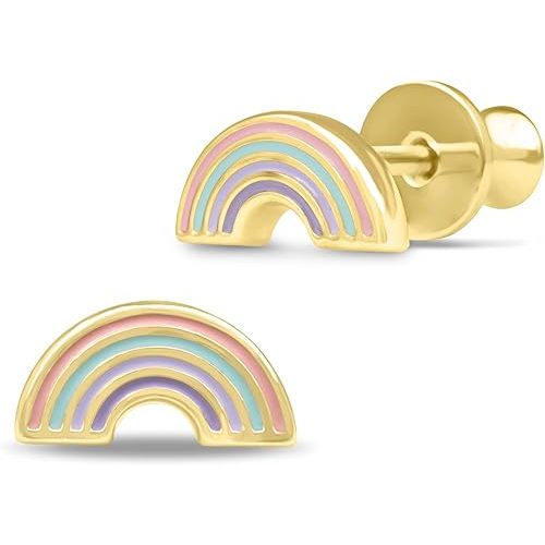 Gold Plated Enamel CZ Small Screw Back Stud Earrings