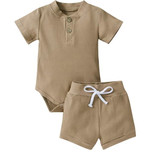 Izhansean Newborn Kids Baby Boys Girls Clothes Romper Bodysuit Shorts  Outfits Summer Set Coffee 0-6 Months 