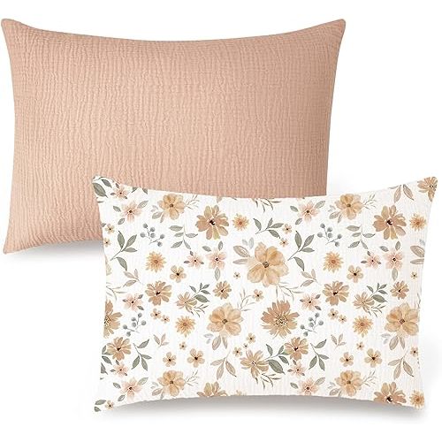 Konssy Muslin Toddler Pillowcase for 13x18 Pillow 2 Pack, 100% Cotton Toddler Pillow Case Cover, Soft & Breathable Travel Babay Kids Pillow Covers with Envelope Closure(Flourish, Toffee)