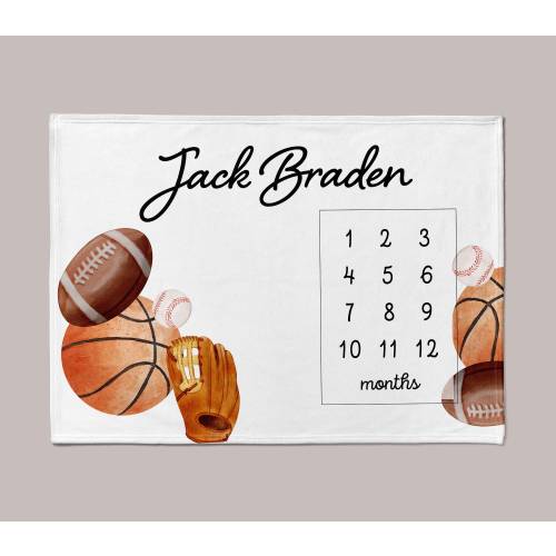 BABY BOY Milestone Blanket Sports Baby Shower Gift Monthly Growth Tracker Personalized Baby Month Basketball Football Baseball Glove