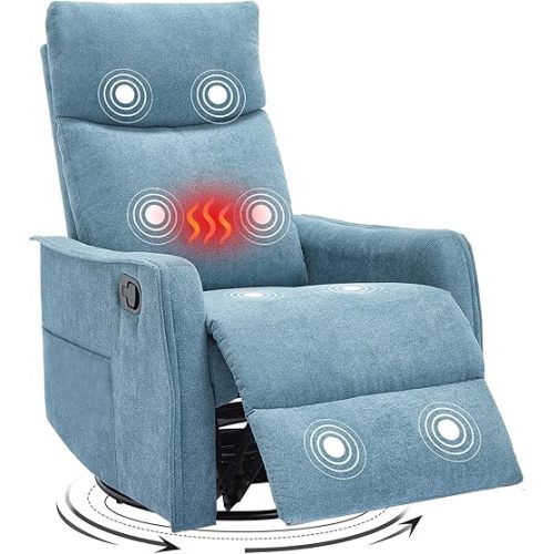 Swivel Rocker Recliner Chair, 360° Swivel Recliner with Heat and Massage, Rocker Recliner Nursery Glider Chair with Side Pockets for Living Room (Light Blue, Fabric)