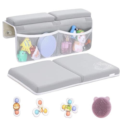 Mostop Bath Kneeler and Elbow Rest Pad Set - Bathtub Kneeling Pad for Baby Bathing - Thick Quick Dry Kneeling Pad Support for Knee & Arm - Non-Slip Bathtub Mat with Toys Organizer, 3 Bath Toys