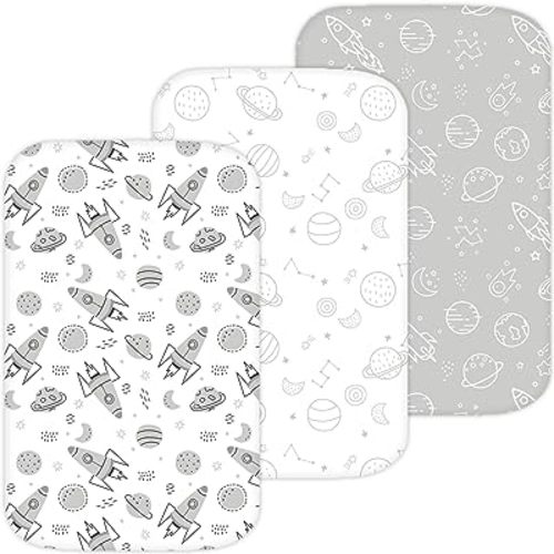 Bassinet Sheets for Mika Micky, Cuddor, Evolur Bedside Sleeper by TansyPanda, 3 Pack, 19 x 32 Inch, Ultra Soft, Breathable, and Snug Fit, Unisex Boys and Girls, Gray White (Space Rockets)