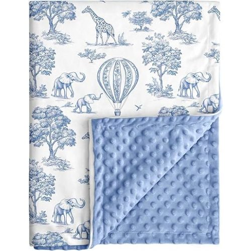 Blue Toile de Jouy Baby Blanket for Boys & Girls, 30x40 Inch Safari Animals Toddler Soft Minky Blanket with Double Layer Dotted Backing, Nursery Bedding Swaddle for Newborns Receiving Blanket