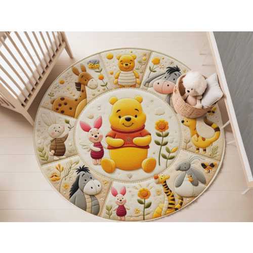 Winnie And Friends Round Rug, Pooh Nursery Floor Carpet, Non Slip Circle Rugs, Kids Area Rugs, Washable Kids Rug, Disney Pooh Bear Baby Rug