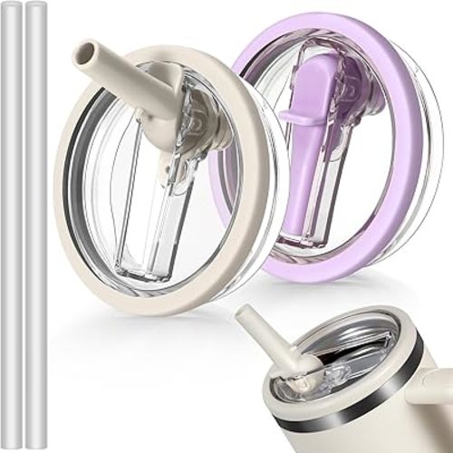 40oz Flip Straw Leak Proof Lid for Stanley H2.0 Quencher Protour Tumbler, 2 Pack Spill Proof Lid Replacement Straw Cover Top for 40 OZ Stanley Cup Accessories (Beige, Purple)
