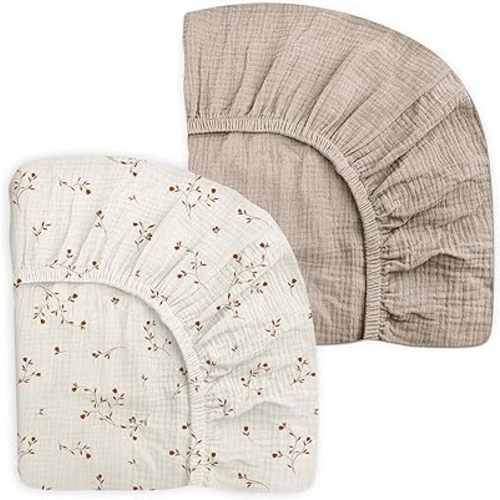 Crib Sheets for Baby Boy Girl 2 Pack, Fitted Crib Mattress Sheet 28" x 52", Muslin Toddler Bedding with Neutral Style, Nursery Bedding Essentials (Gentle Branches & Beige)