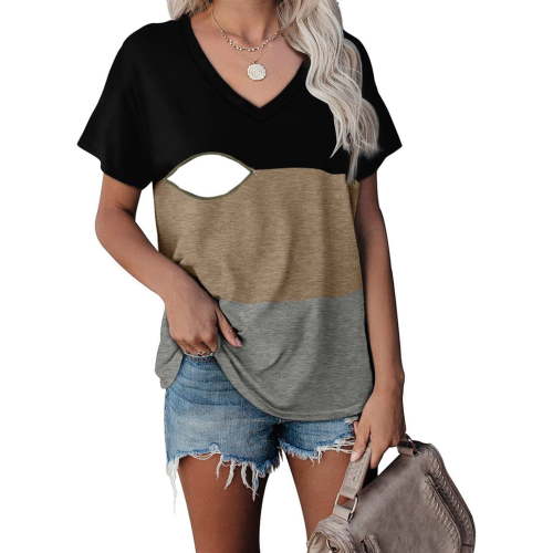 Edvintorg Nursing Shirts for Women Maternity Clothes Fashion Patchwork Printed V Neck Short Sleeve Breastfeeding Blouse Casual Pregnancy Clothes for Women