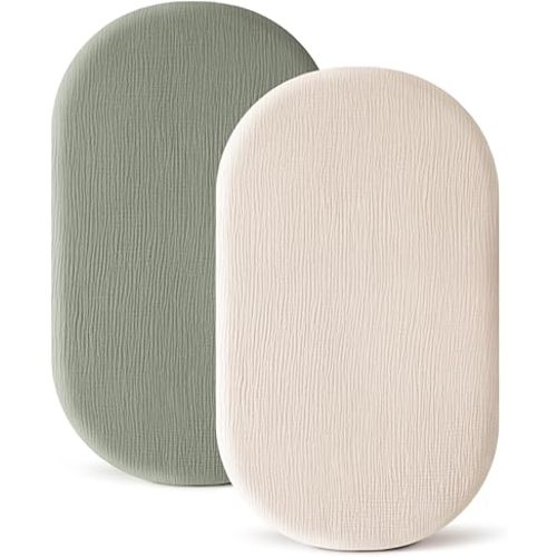 Konssy 2 Pack Muslin Bassinet Sheets for Baby Boy, 100% Cotton Soft Breathable Bassinet Mattress Sheets Fit for Hourglass Oval Cradle Rectangle Mattress (Fog Green,Cream)