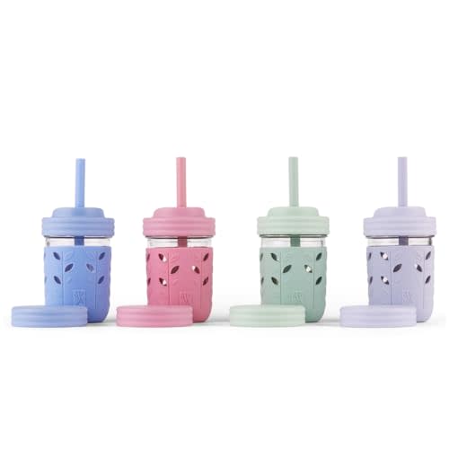 Elk and Friends Kids & Toddler Cups | The Original Glass Mason jars 8 oz with Silicone Sleeves & Silicone Straws with Stoppers | Smoothie Cups | Spill Proof Sippy Cups for Toddlers