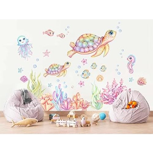 Pink and Green Undersea Adventure Wall Decal - Turtle Mom and Baby Playing with Octopus and Seahorse, Reusable Peel-and-Stick Fabric Art for Nursery and Kids' Room Décor