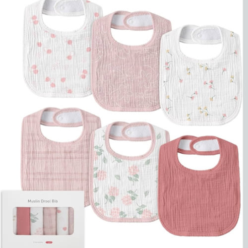 Muslin Baby Drool Bibs for Unisex Boys Girls, 6 Pack Soft Cotton Baby Bib for Teething Drooling, Essentials Shower Gift (6, Pink)