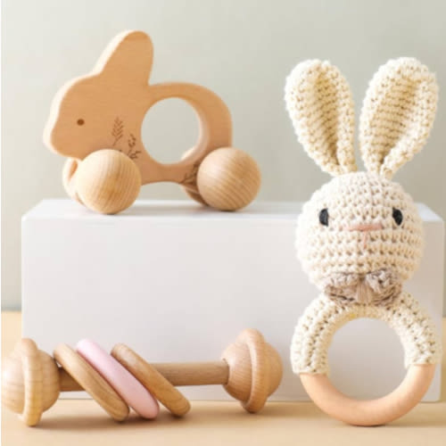 Wooden Baby Rattle 3 PCS Push Car Rattle Set Crochet Rattle Ring Wooden Montessori Toy for Newborn Infant Baby Gifts (Rabbit Rattle)