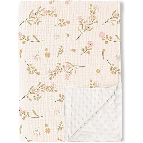 Konssy Baby Blankets for Unisex Boys Girls, Super Soft Nursery Minky Blankets with Muslin Cotton Front and Dotted Fleece Backing, Printed Bed Throws Newborn